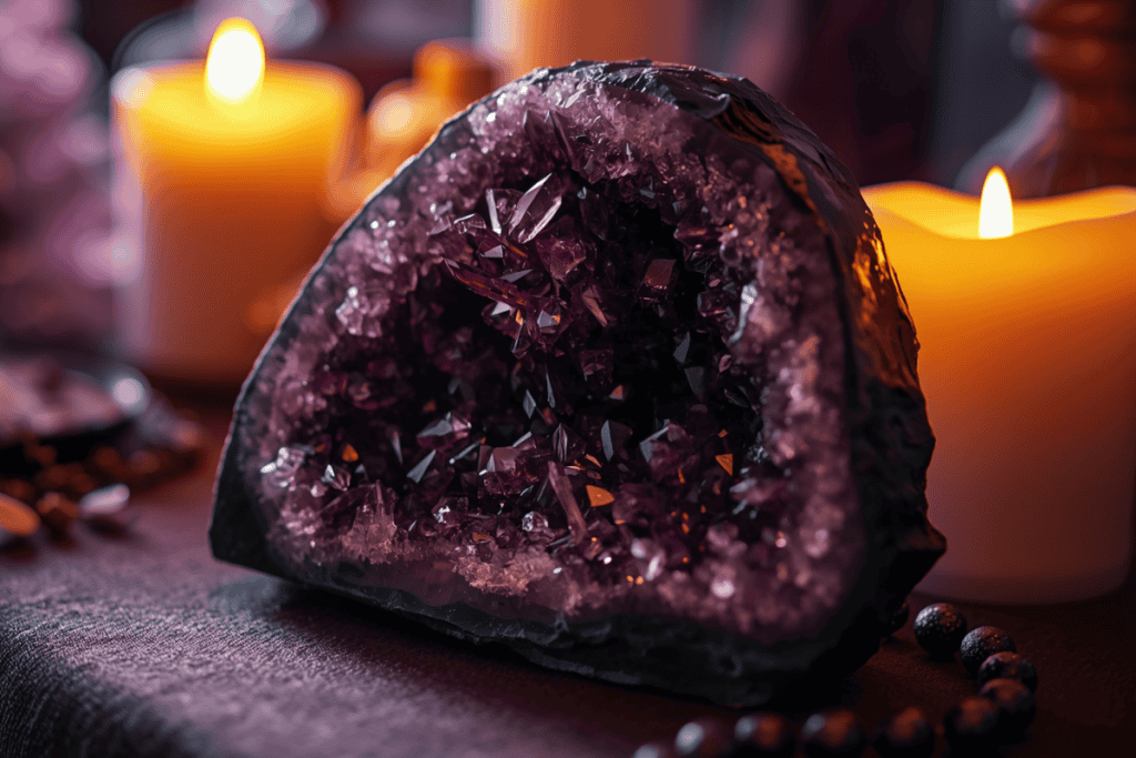 Amethyst Druse auf einem spirituellen Altar mit Kerze