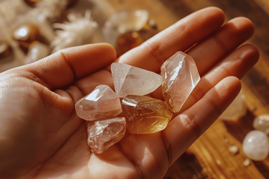 Hand mit verschiedenen Kristall-Trommelsteinen – Rosenquarz, Bergkristall und Citrin