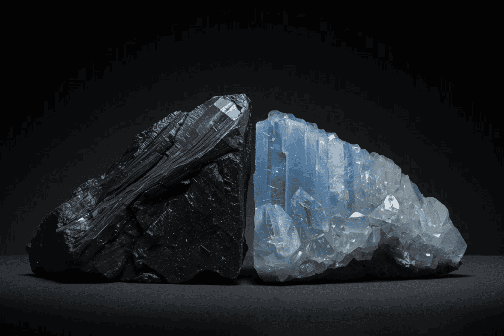 Schwarzer Turmalin und Mondstein auf einer Selenitplatte